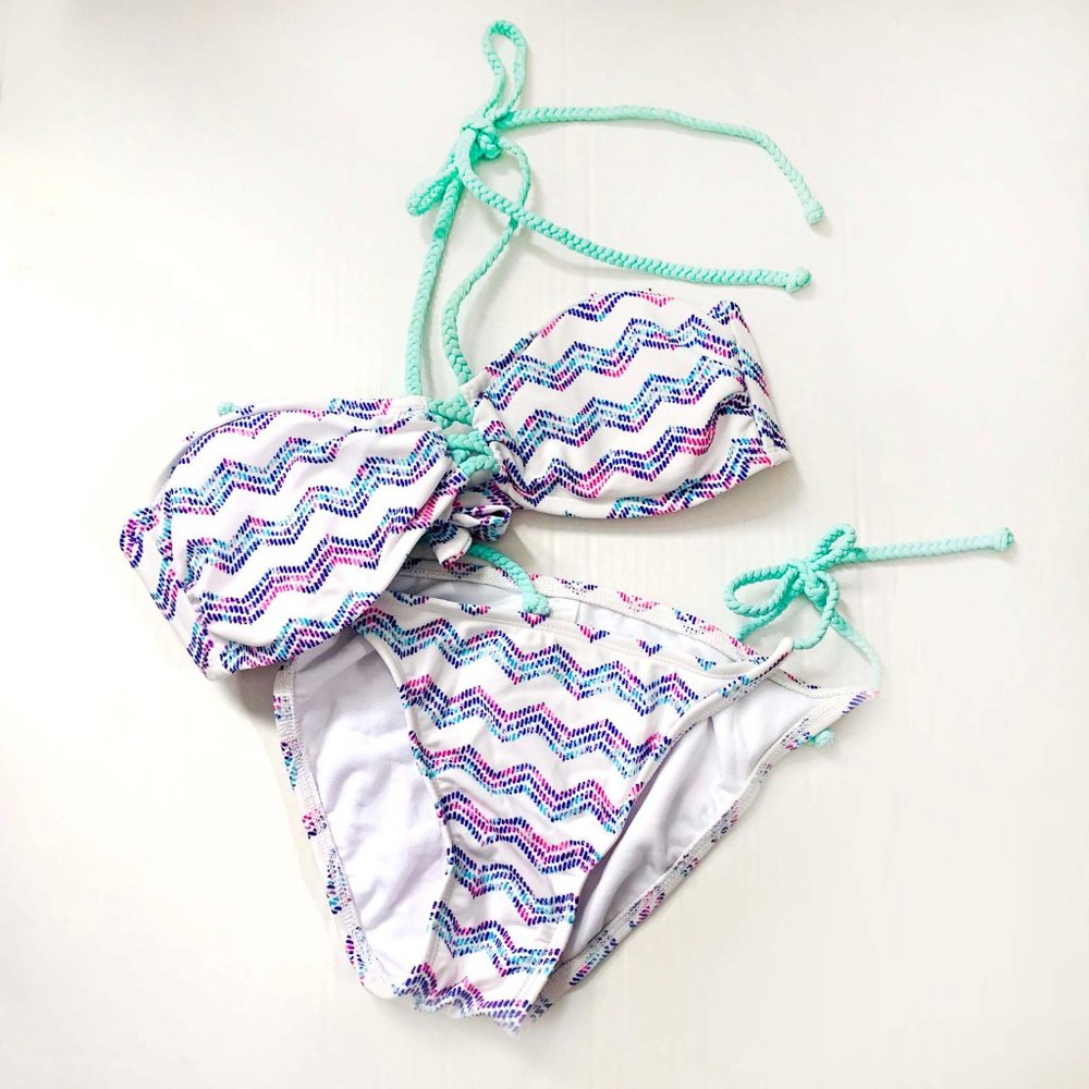 Bikini White, Neon Pink, Aqua, Blue, side tie, size medium